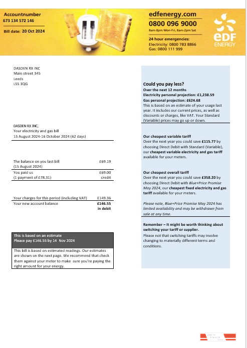 United Kingdom EDF Energy electricity and gas business utility bill Word and PDF formats, version 2